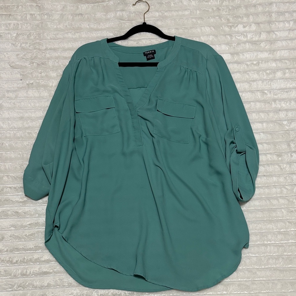 Torrid Teal Blouse with Roll-Tab Sleeves